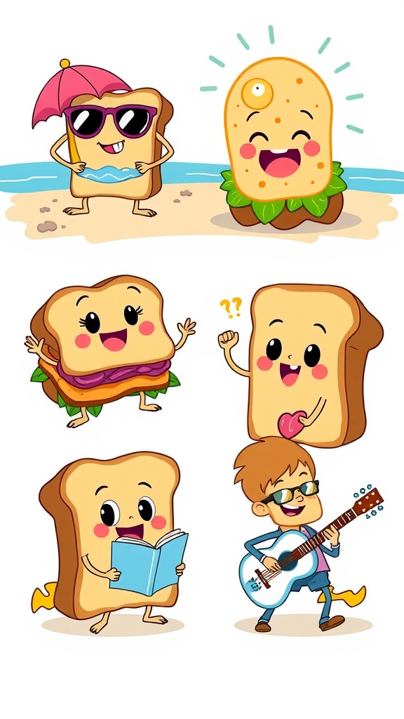 Colorful cartoon sandwiches with faces in funny scenarios, creating a playful atmosphere.